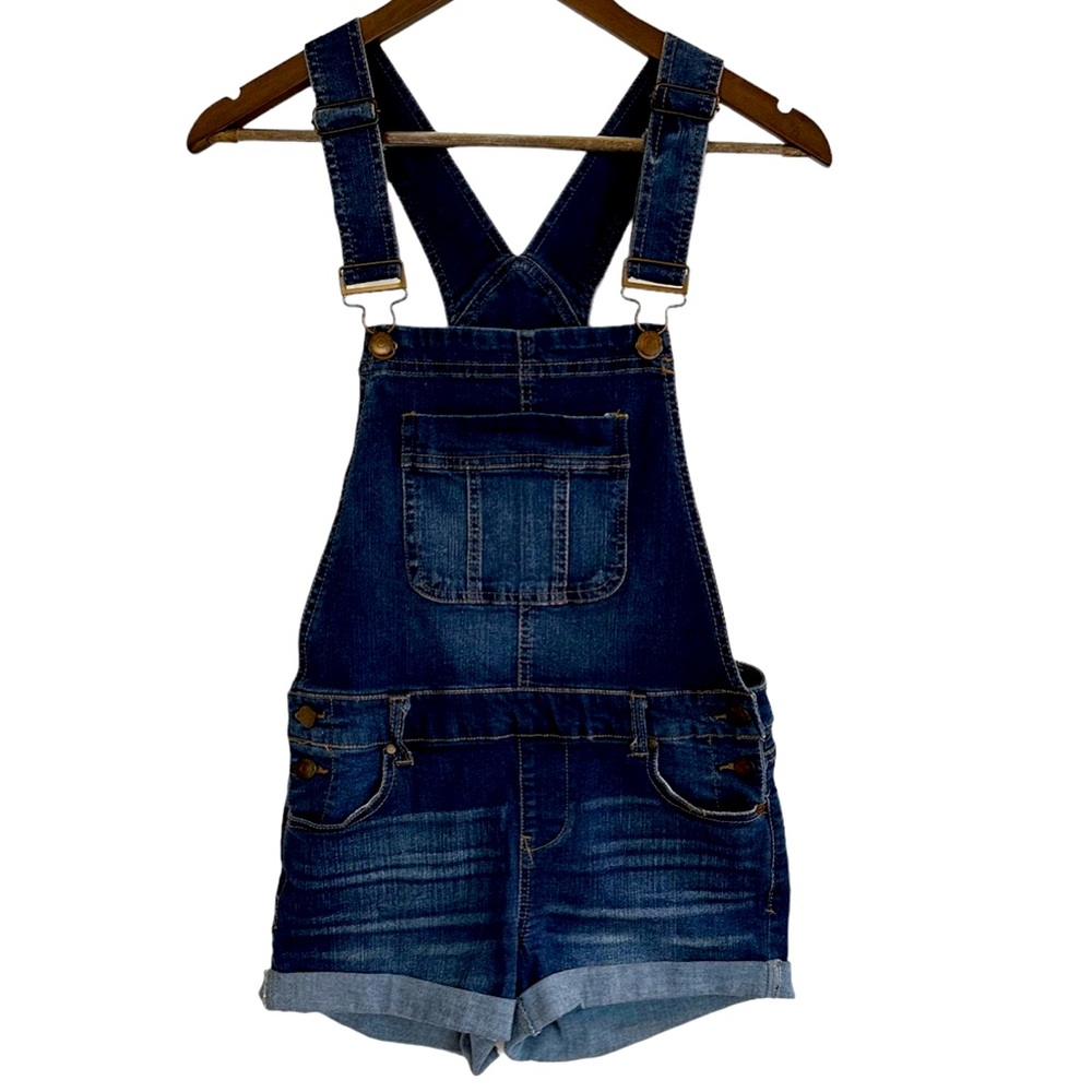 Blue spice dark wash denim shortalls short overalls, junior 3
